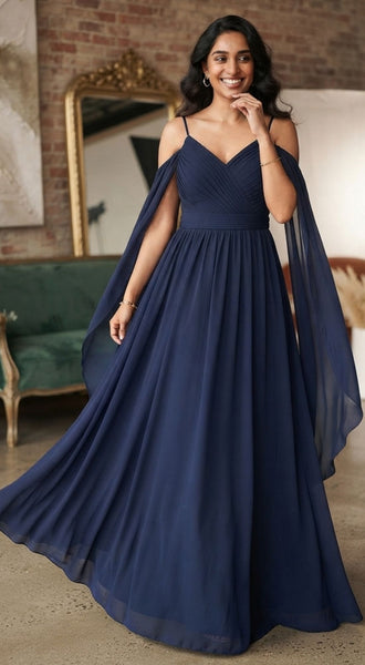 Navy Blue Flying Sleeves Cold-Shoulder Maxi
