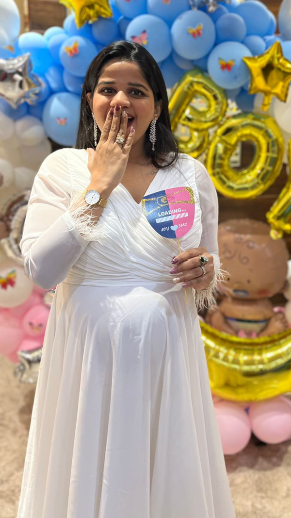 White V-Neck Full Sleeves Baby-Shower Gown