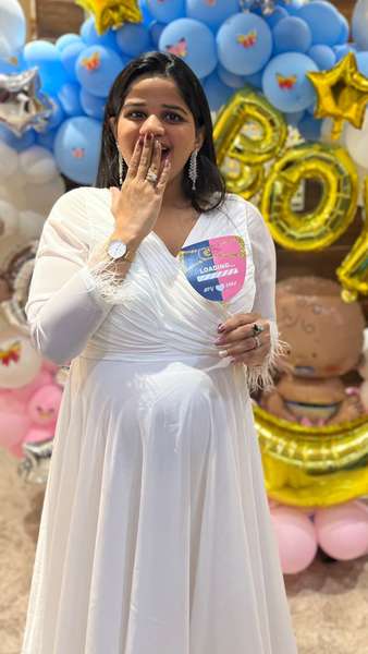 White V-Neck Full Sleeves Baby-Shower Gown