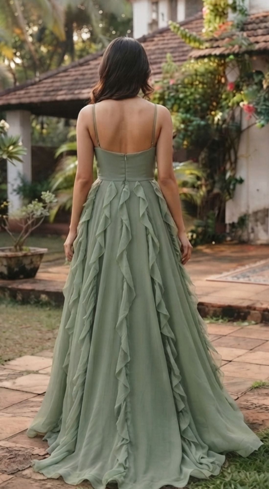Sage Green Ruffle Evening Gown