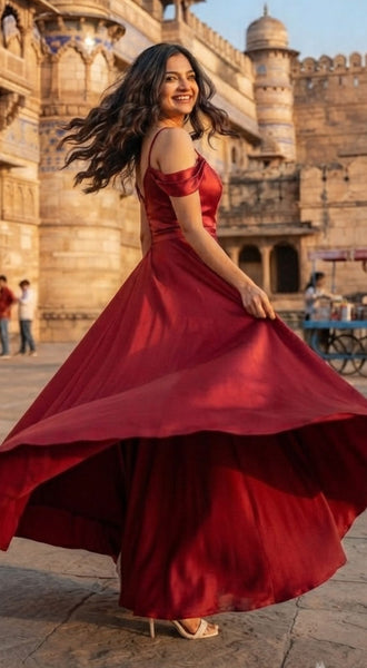 Maroon Spaghetti Strap Satin Gown