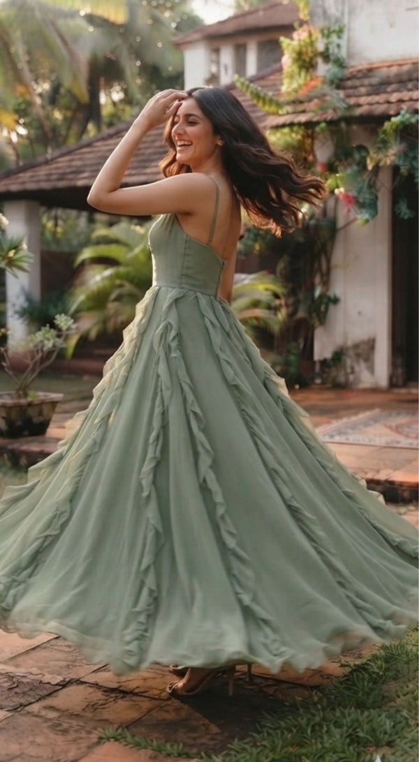 Sage Green Ruffle Evening Gown