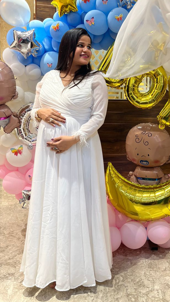 White V-Neck Full Sleeves Baby-Shower Gown