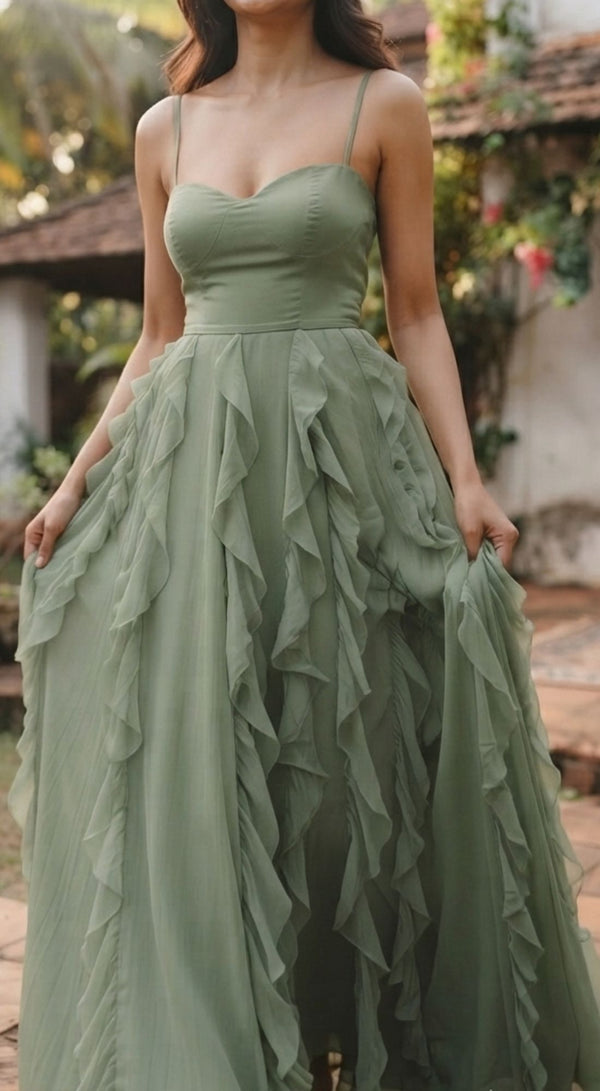Sage Green Ruffle Evening Gown