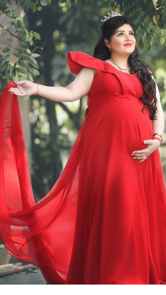Red Baby-Shower Gown With Trail