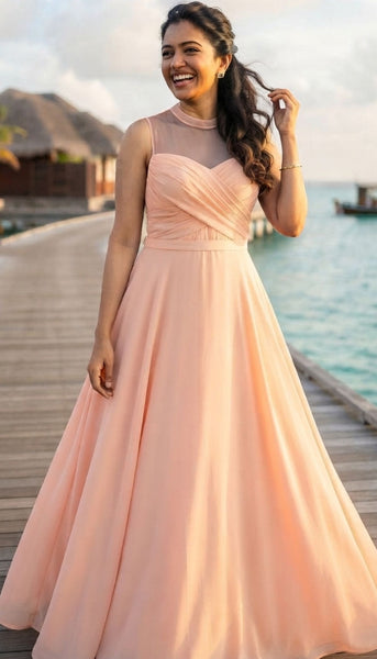 Peach Sheer Neck Ruched Flared Maxi