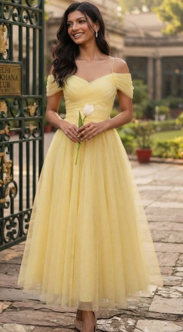 Pale Yellow Off-Shoulder Bridesmaid Midi