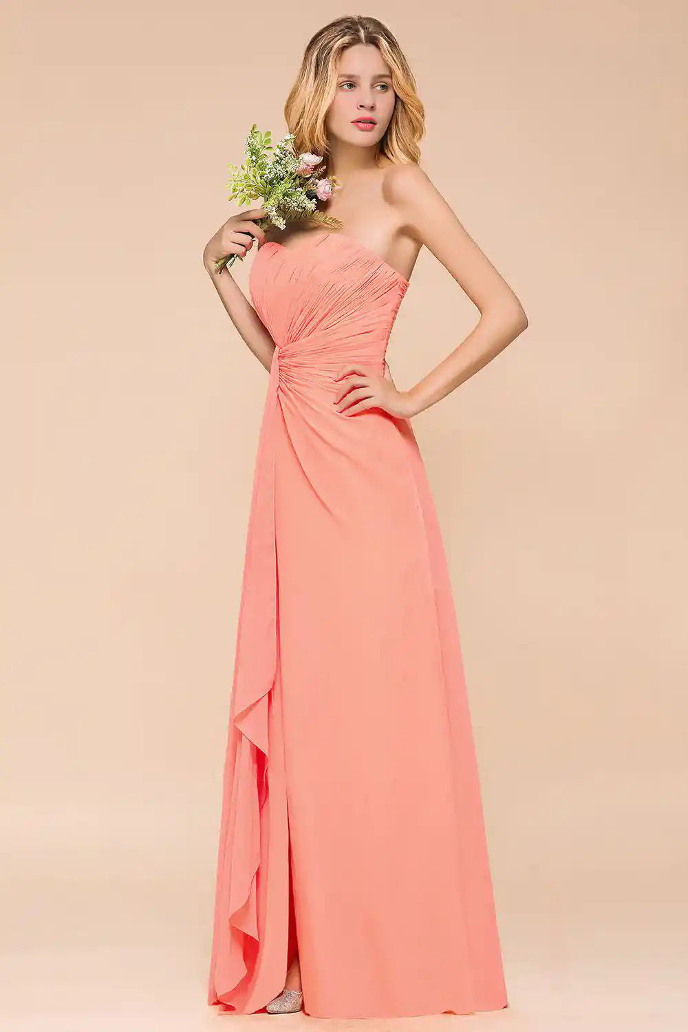 Coral Ruched Knot Off-Shoulder Slit Dress