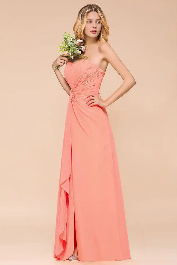 Coral Ruched Knot Off-Shoulder Slit Dress