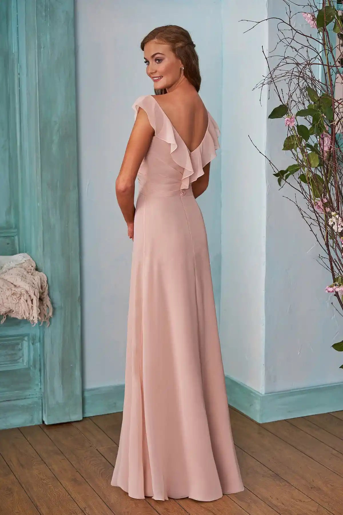 Blush Pink V Neck Ruched Flouncing Sleeves Maxi