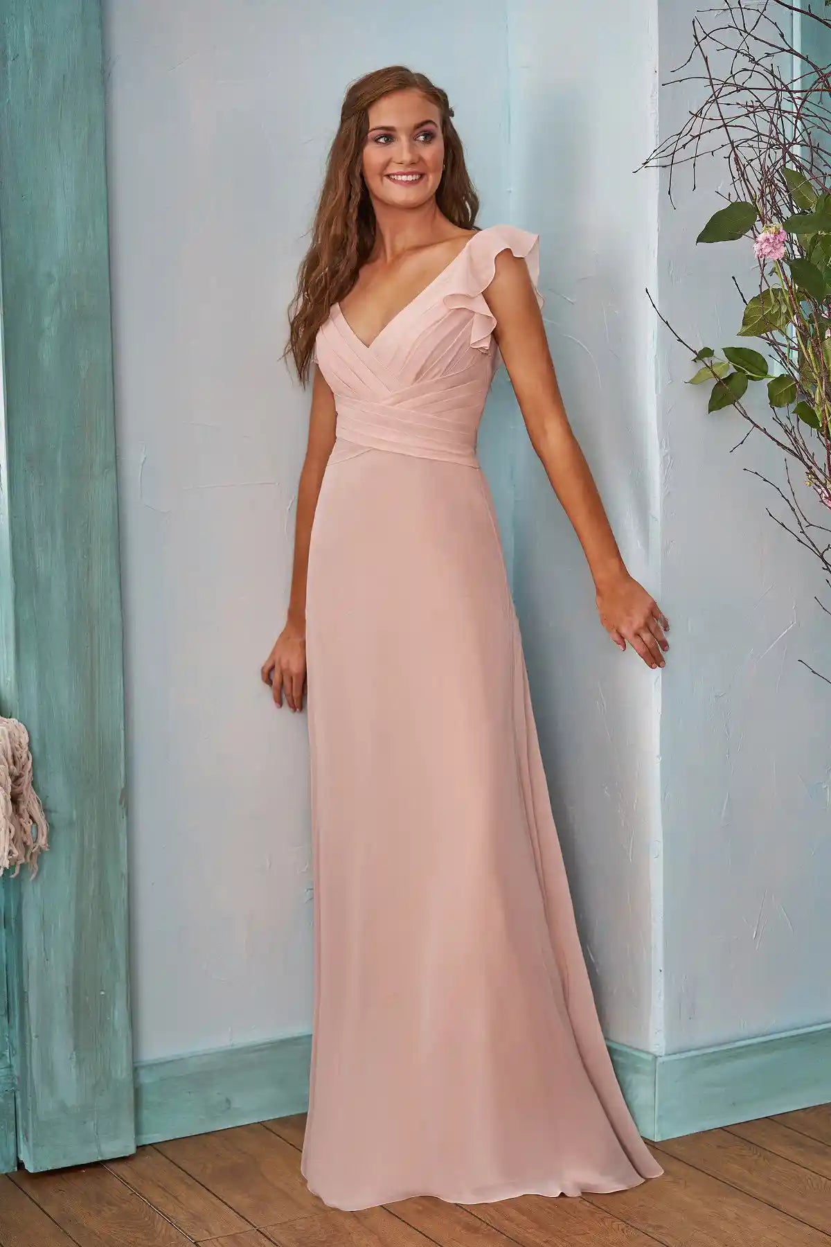 Blush Pink V Neck Ruched Flouncing Sleeves Maxi