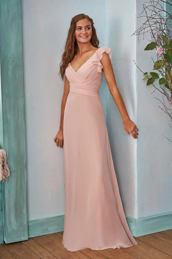 Blush Pink V Neck Ruched Flouncing Sleeves Maxi