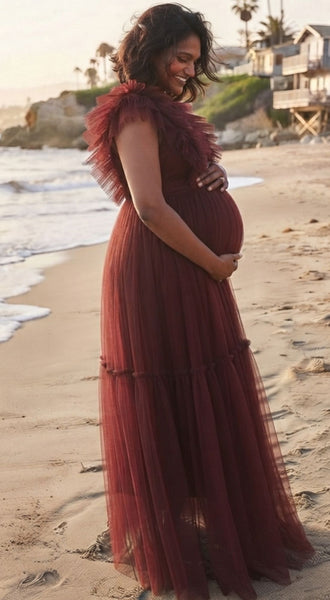 Maroon-Wine Ruffle Neck Tiered Maternity Gown
