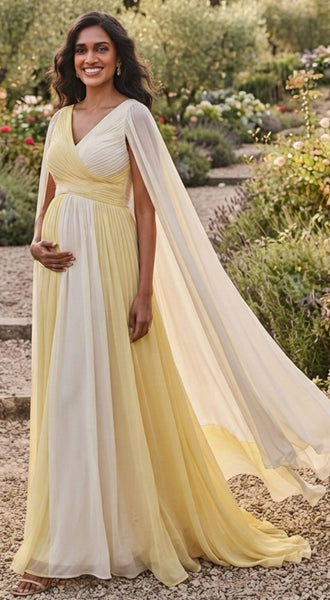 Pastel Color Block Cape Sleeves Babyshower Gown