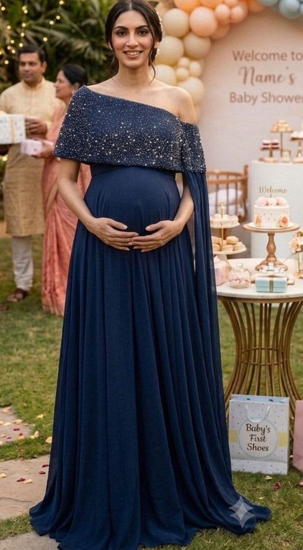 Midnight Blue Embellished Overlay Baby Shower Gown