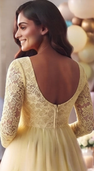 Butter-Yellow Lace Full Sleeves Baby-Shower Gown