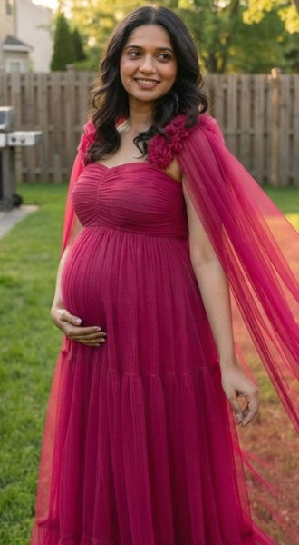 Magenta Pink Flower Detailing Tiered Maternity Gown