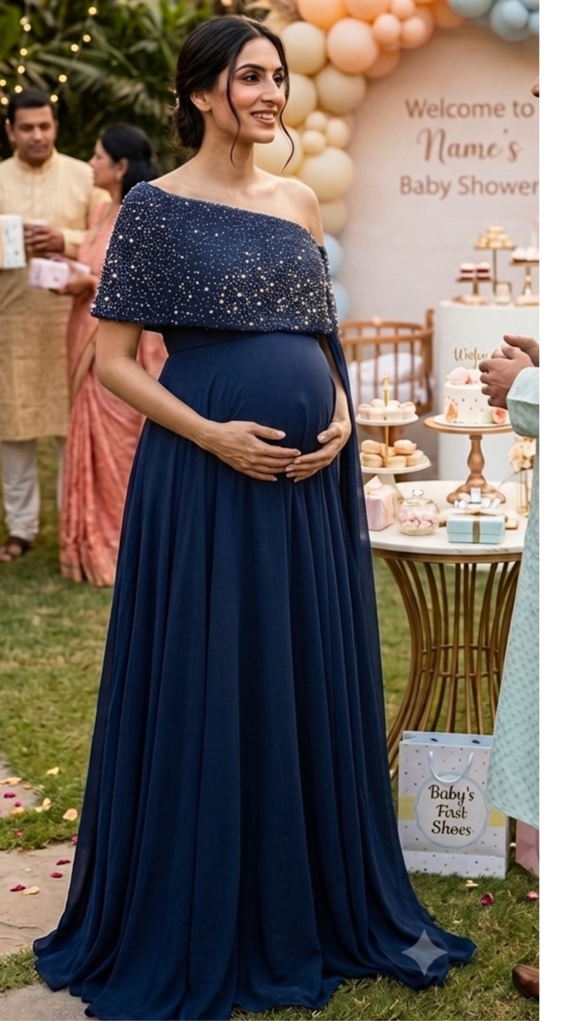 Midnight Blue Embellished Overlay Baby Shower Gown