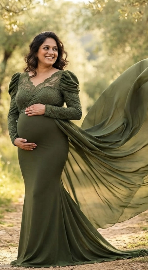 Olive Illusioned Neckline Maternity Tail Gown