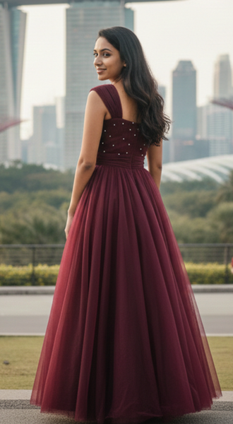 Pearl Embellished Wine Mesh Gown