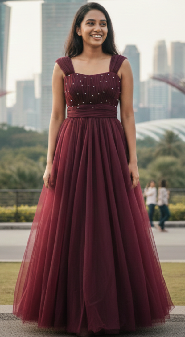 Pearl Embellished Wine Mesh Gown