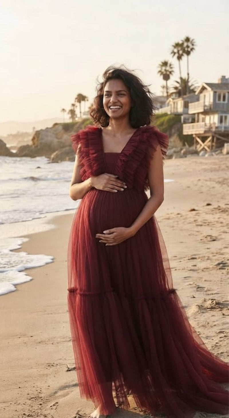 Maroon-Wine Ruffle Neck Tiered Maternity Gown