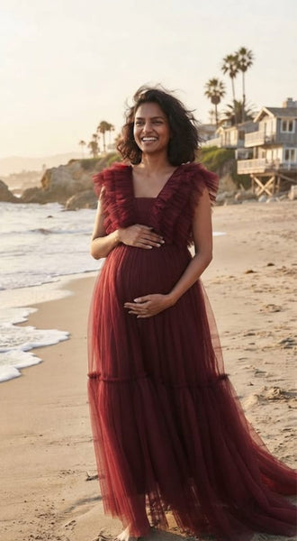 Maroon-Wine Ruffle Neck Tiered Maternity Gown