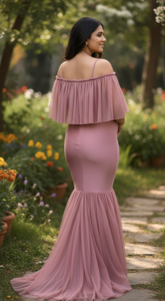 Dusty Pink Overlay Ruffle Maternity Gown