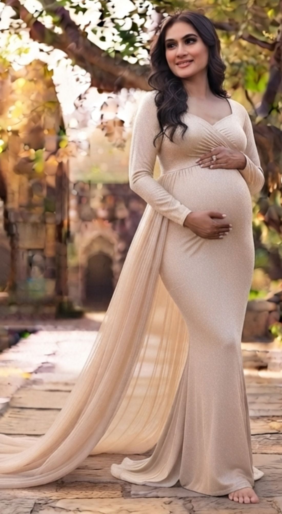 Champagne Gold Full Sleeves Maternity Gown