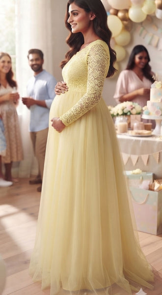 Butter-Yellow Lace Full Sleeves Baby-Shower Gown