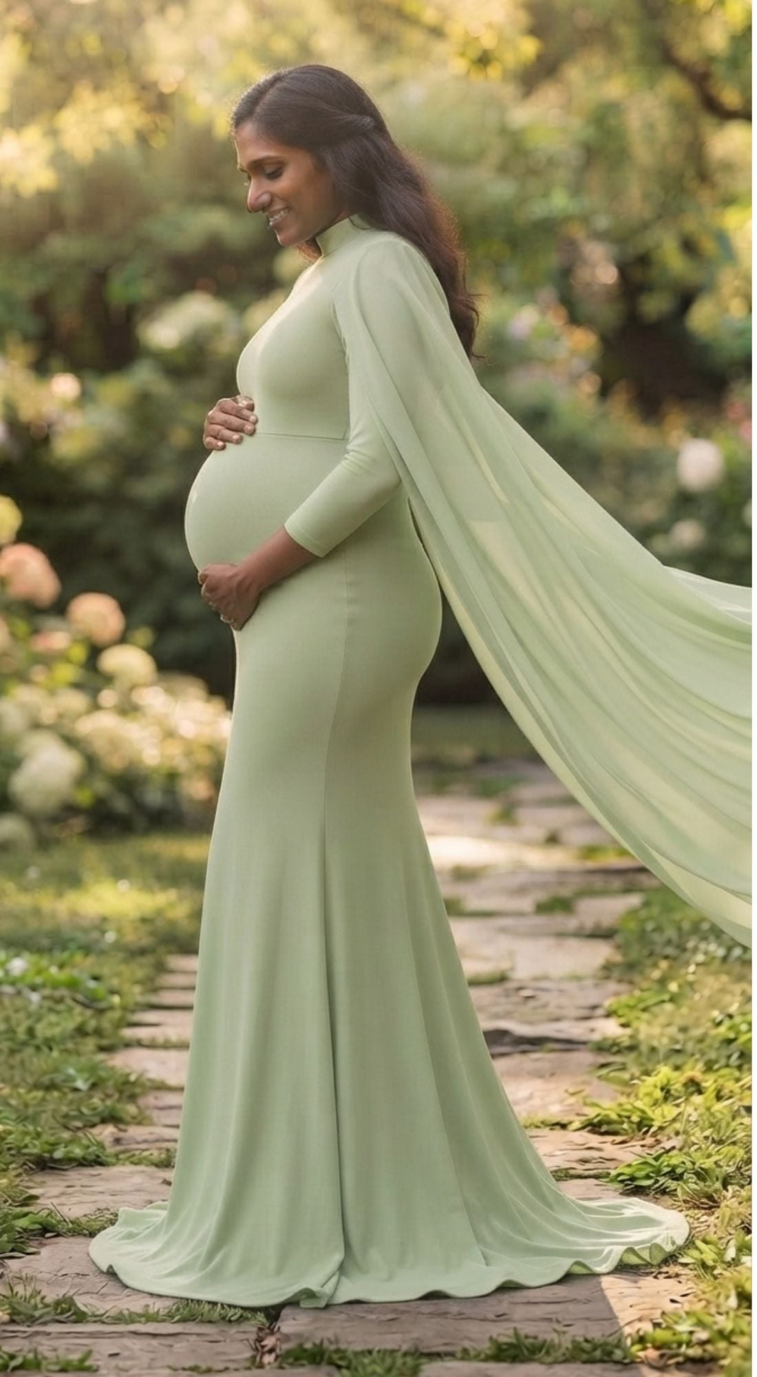 Pista Green Flying Sleeves Maternity Shoot Gown