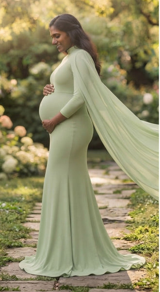 Pista Green Flying Sleeves Maternity Shoot Gown