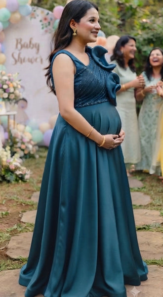 Teal Satin Cascade Maternity Gown