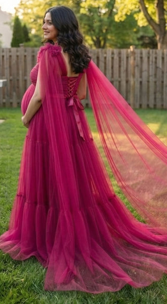 Magenta Pink Flower Detailing Tiered Maternity Gown