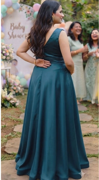 Teal Satin Cascade Maternity Gown