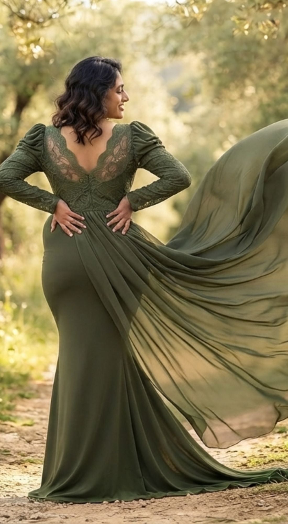 Olive Illusioned Neckline Maternity Tail Gown