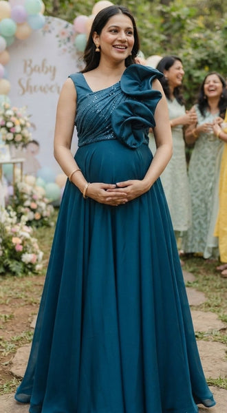 Teal Satin Cascade Maternity Gown