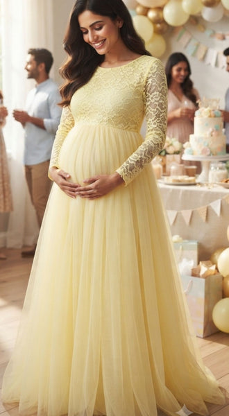 Butter-Yellow Lace Full Sleeves Baby-Shower Gown