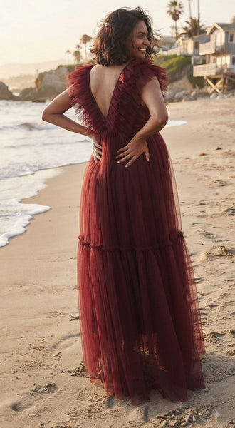 Maroon-Wine Ruffle Neck Tiered Maternity Gown