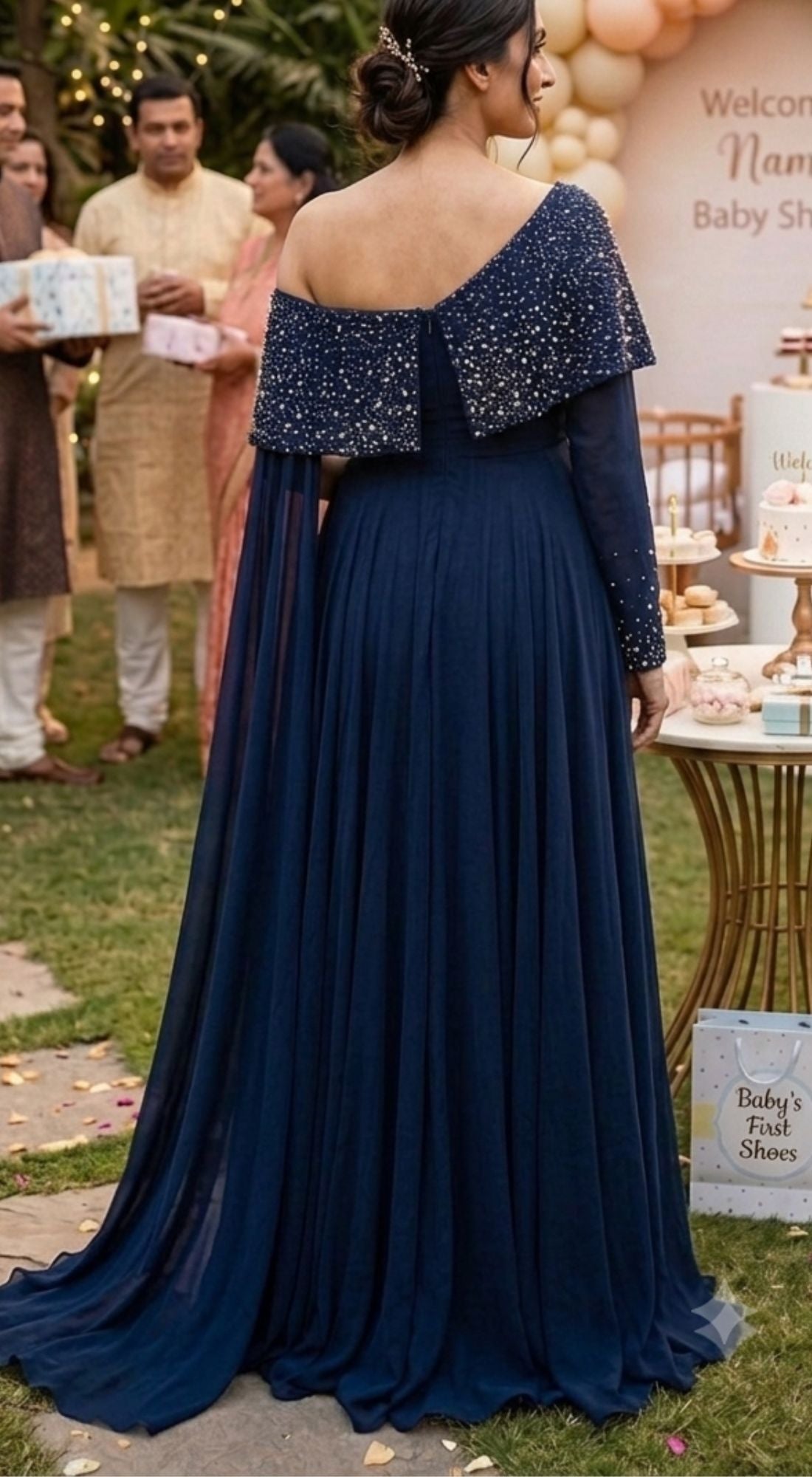 Midnight Blue Embellished Overlay Baby Shower Gown