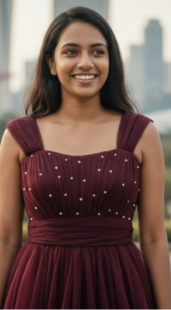 Pearl Embellished Wine Mesh Gown