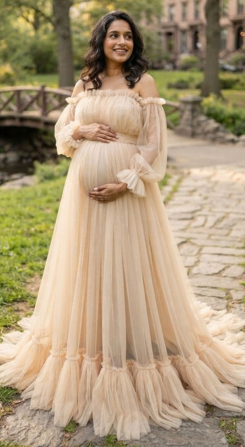 Champagne Gold Ruffle Baby Shower Gown