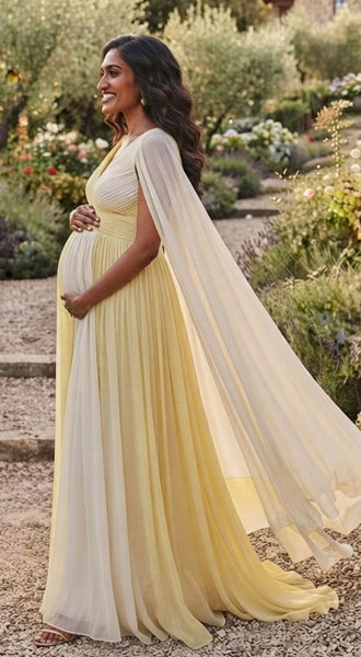 Pastel Color Block Cape Sleeves Babyshower Gown