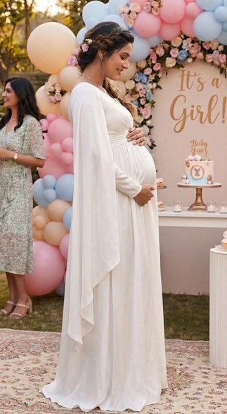 Off-White Flutter Sleeves Baby Shower Gown