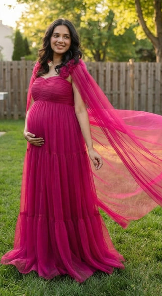 Magenta Pink Flower Detailing Tiered Maternity Gown