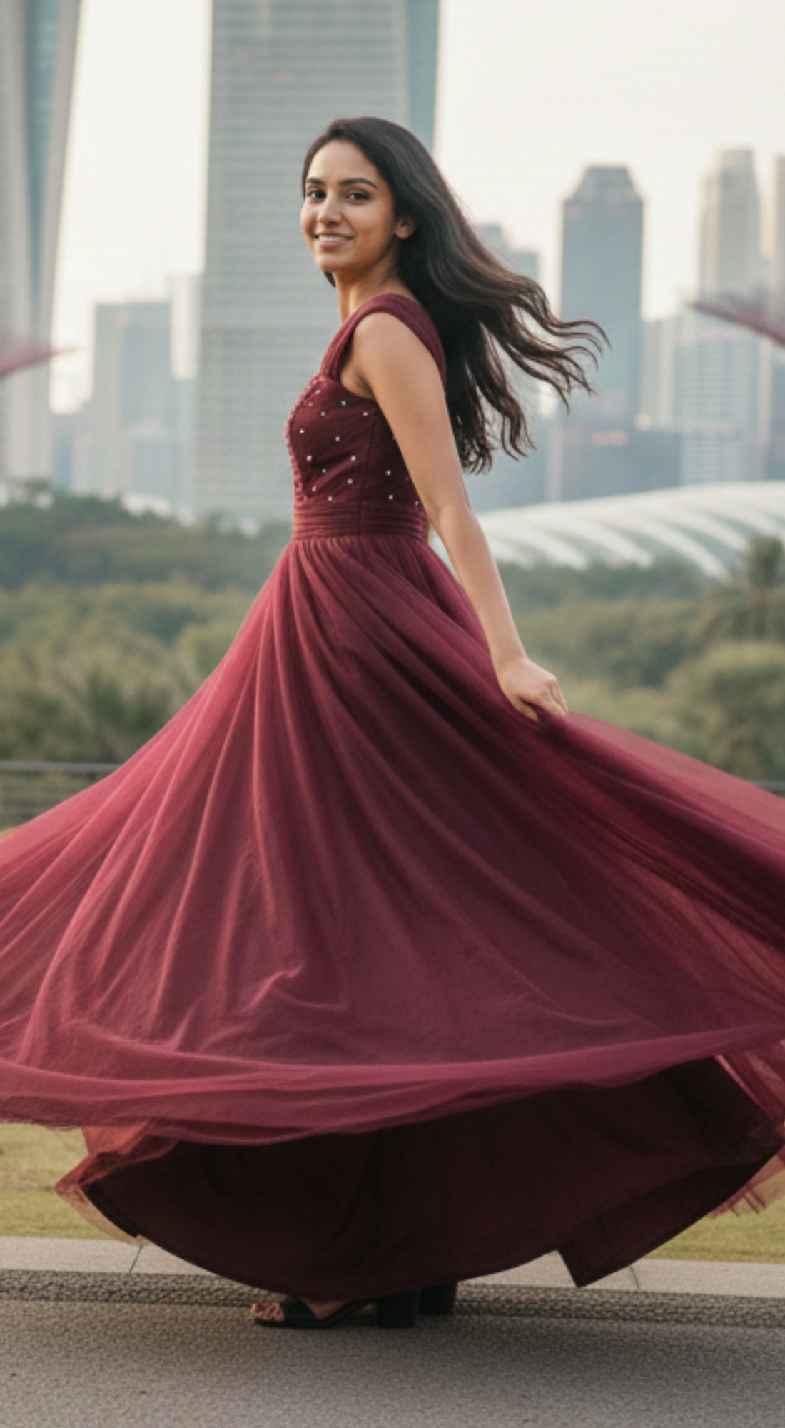 Pearl Embellished Wine Mesh Gown
