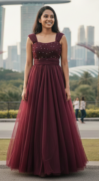 Pearl Embellished Wine Mesh Gown