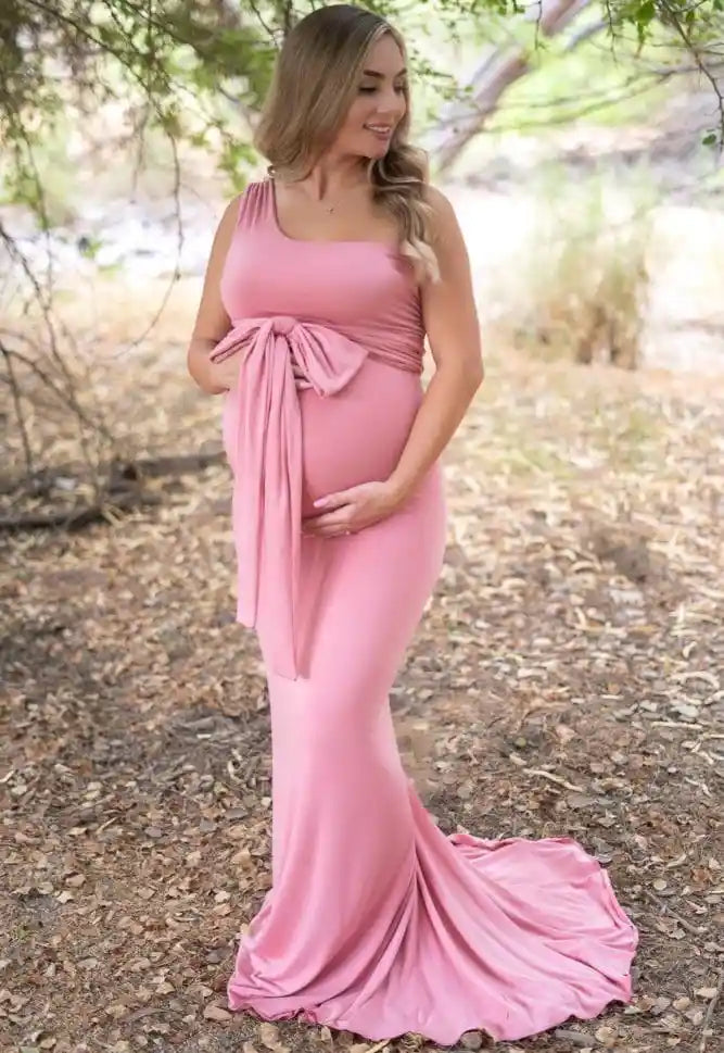 Tie Front One Shoulder Gown with Mini Train