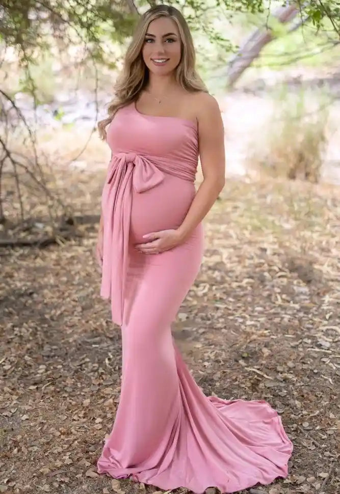 Tie Front One Shoulder Gown with Mini Train