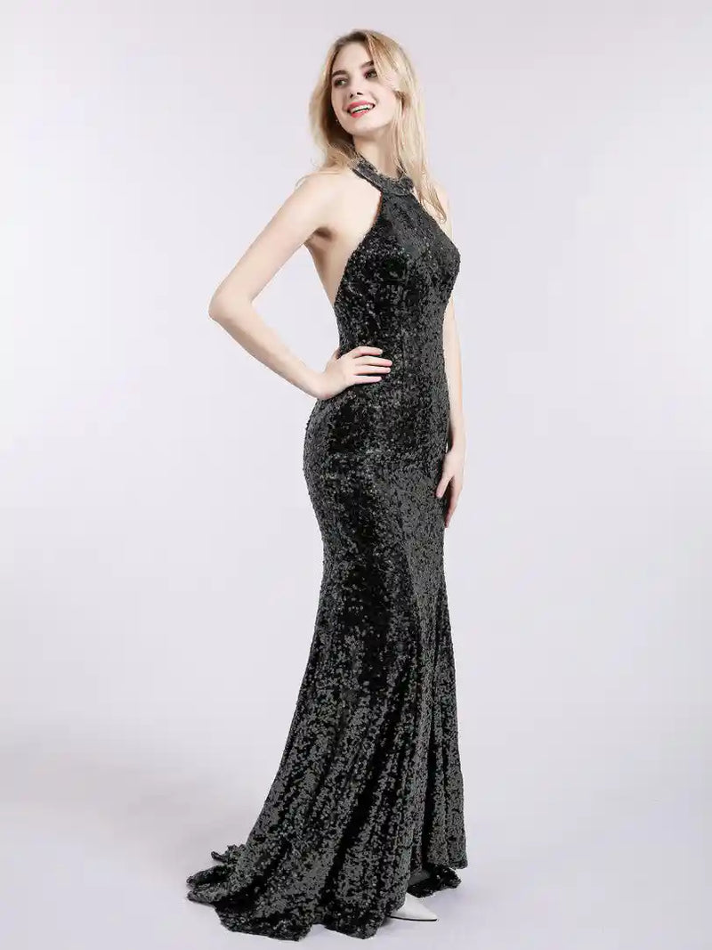 Black Sequins Backless Halter Maxi
